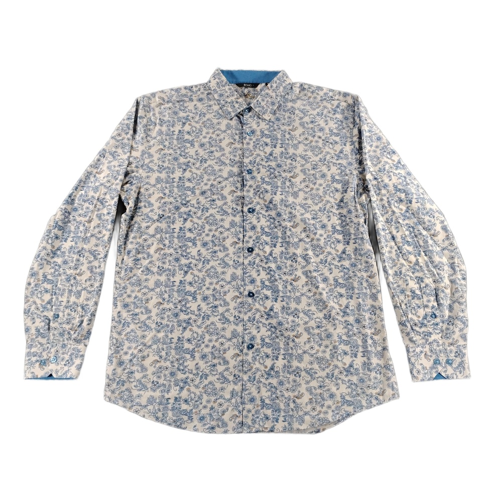 Bohio Floral Button Up Shirt Mens Medium Cotton Spandex Stretch Office Casual